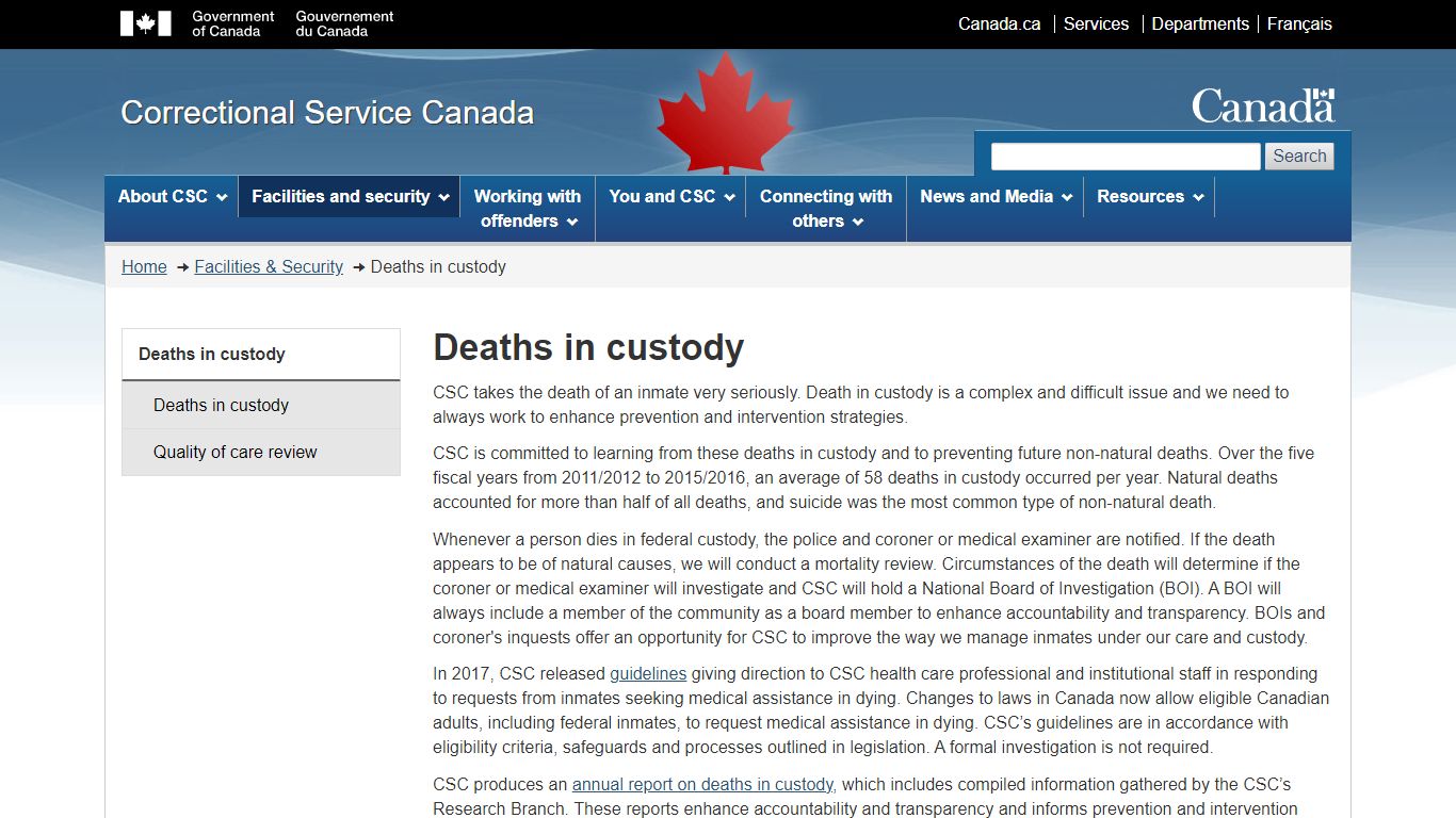 Deaths in custody - Correctional Service of Canada