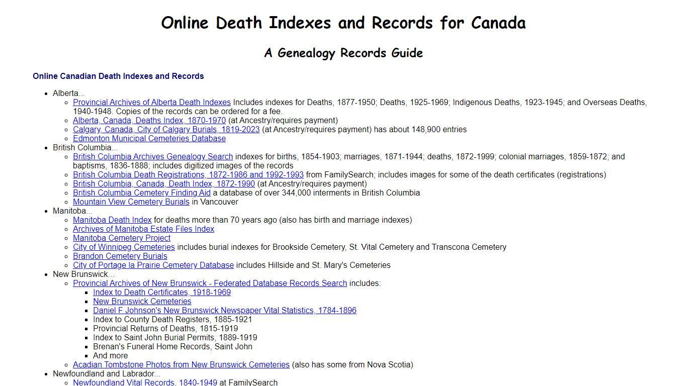 Online Death Indexes and Records for Canada