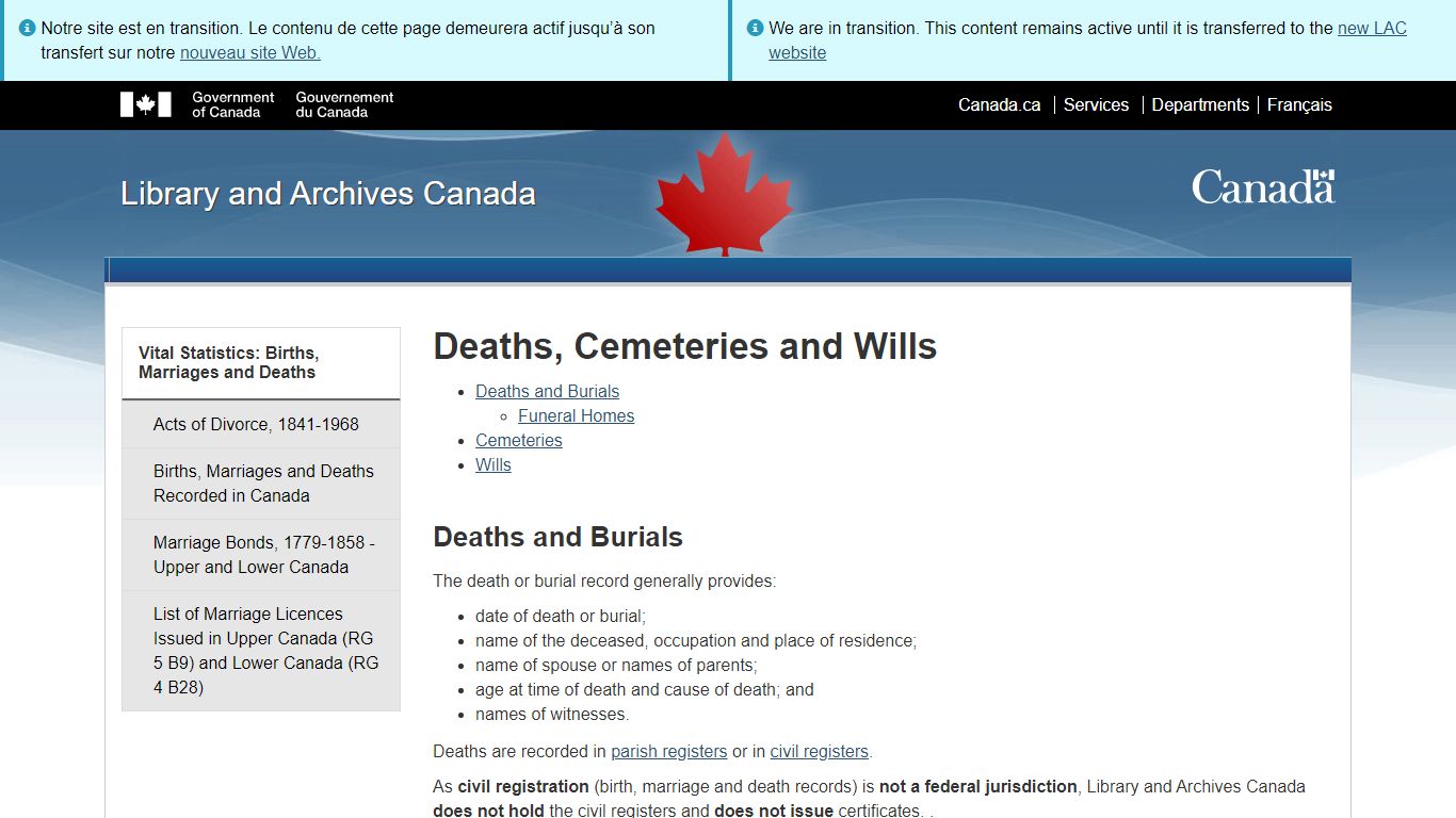 Deaths, Cemeteries and Wills - Library and Archives Canada